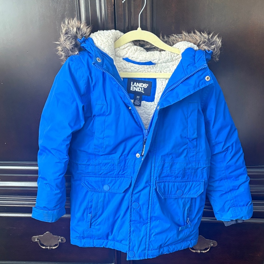Lands' End Blue Expedition Parka with  removable Faux Fur Trim